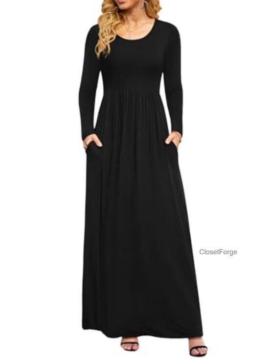 Dresses & Skirts - Women Long Sleeve Maxi Dress Empire Waist A-Line Pockets Casual
